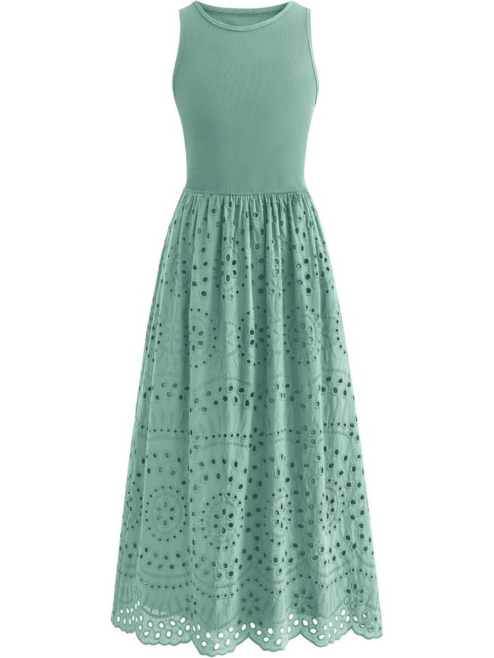 Women's Bean Green Sleeveless Crew Neck Lace Imported A-line Cotton Maxi Dress
